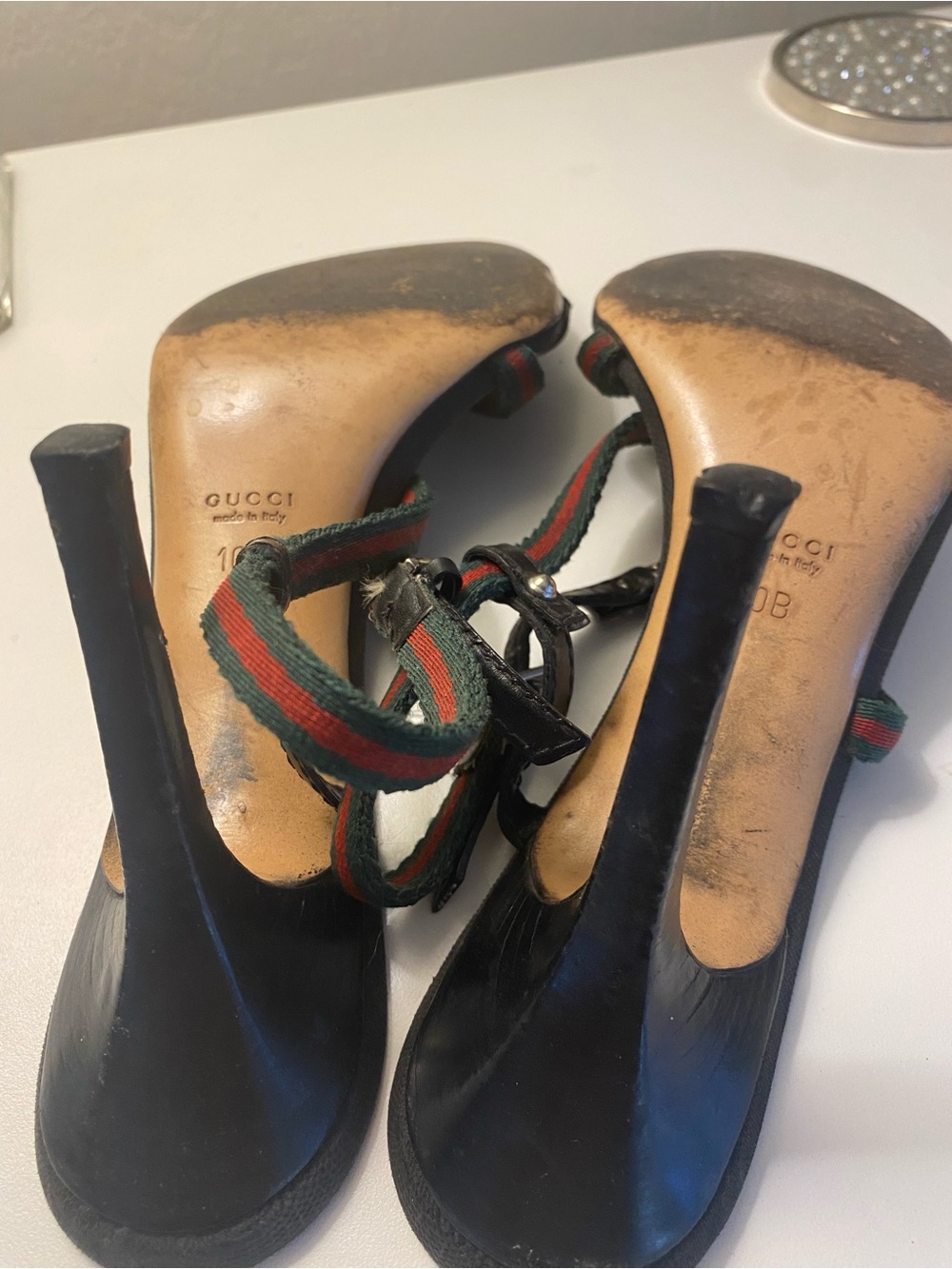FLAWS Vintage Gucci Heels Size 10 Red Green Logo Hardware Strappy FLAW 90s - Picture 13 of 17